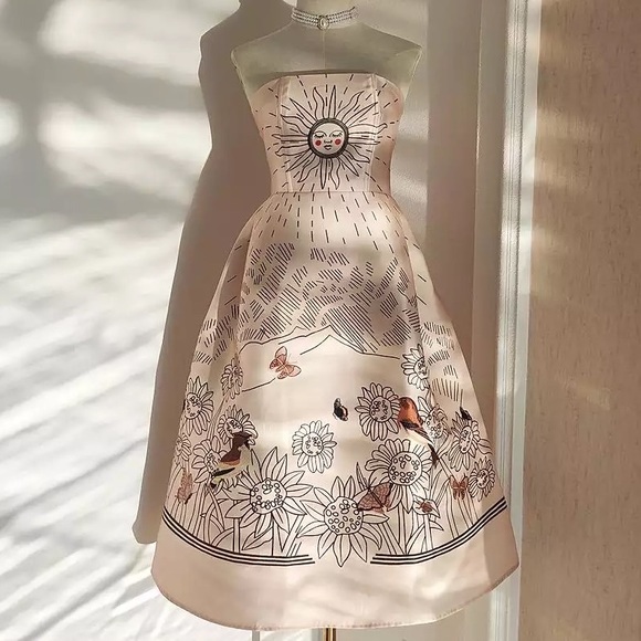 Solairè Runway Sexy Strapless Print Midi Dress, Boho Resortwear Luxury Gown - Picture 10 of 14